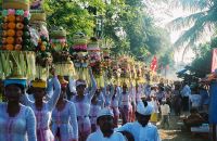 Hundreds of women carrying offerings to the temple